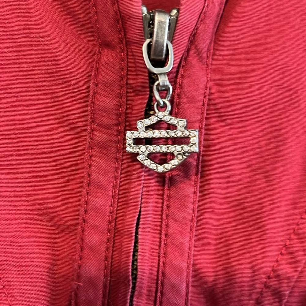 Harley-Davidson Red Rhinestone Script Back Button-Up Blouse - Picture 2 of 6